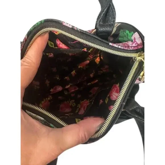 Betsey Johnson Black Multi Color Floral Dome Top Handle Zipper Bag Women - Picture 9 of 10